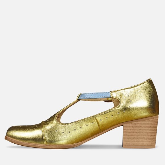 Gold Leather Mary Janes, Women's T-Strap Block Heel Shoes, Elegant Pumps - Picture 3 of 4